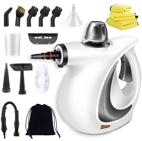 Red Hut Dampfreiniger, 1050 W Druck Dampfreiniger Red Hut Tragbar mit 12 Aufsätzen, für Verschiedene Oberflächen, 3,2 Bar Dampfdruck, ideal für die Reinigung von Böden, Fenstern und Sofas (Weiß)