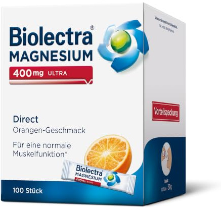 Biolectra Magnesium 400 mg Direct Sticks Orange, 100 Stück: Für eine normale Muskelfunktion bei erhöhtem Bedarf, Magnesium Direkt-Sticks, hochdosiert