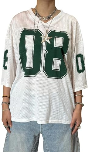 Anuedgis Damen Y2k Oversized Jersey Shirts Cute V Neck Number Graphic Basketball T-Shirt Sommer Ausgehen Varsity Top Ästhetische Kleidung
