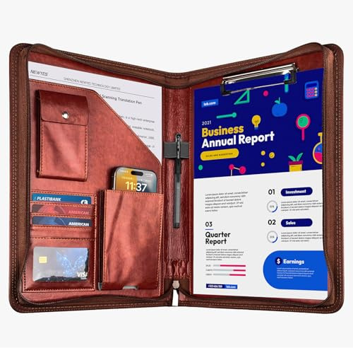 GUYUCOM A4 Portfolio Folder – PU Leather Document Organizer with Zipper, for Conference & Travel, Personal Agenda Wallet,Gift for Men and Women – Brown