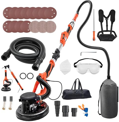 VEVOR Ponceuse Girafe 1150 W Ponceuse Mur et Plafond avec Aspirateur pour Plaques Plâtre Cloisons Sèches Plaquiste, 800-1700 tr/min, Éclairage LED, Poignée Télescopique Pliable, 15 Disques de Ponçage