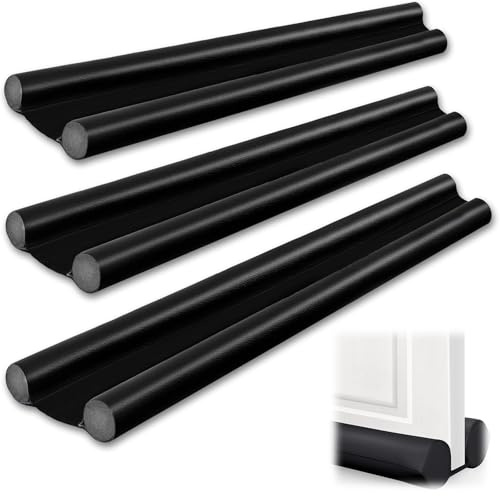 AEMCHDM 3 Piezas Burlete Puerta Entrada 95 cm, PU Burlete Bajo Puerta Doble Aislante e Impermeable, Negro Cortavientos para la Puerta, Cortavientos con Doble Junta para Aislamiento Acústico y Térmico