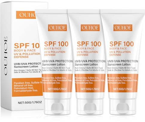 3 Stück Sonnencreme 100 Schutzfaktor, Sunscreen SPF 100 | Feuchtigkeitsspengende Sonnenschutzcreme, Waterproof, Nicht Fettend, Starker UVA-UVB-Schutz, für Alle Hauttypen