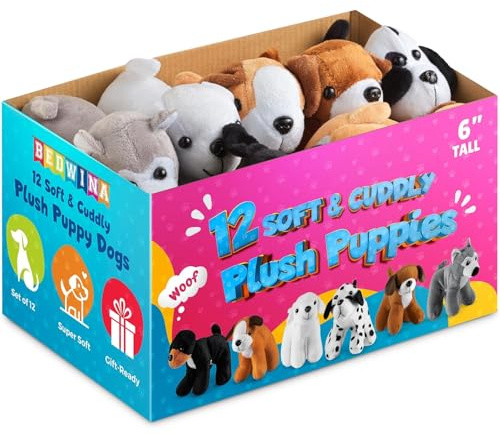 Bedwina Plush Puppy Dogs - (Pack of 12) 6 Inches Tall Small Stuffed Animals Bulk Assorted Puppies and Cute Stuffed Plushed Adopt-a-Puppy Dog Assortment Party Favors for Kids