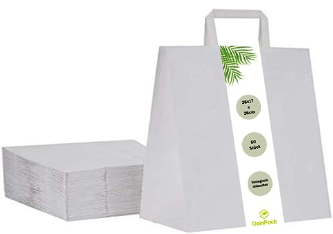 DeinPack 50 Papier Tragetaschen 26 x 17 x 26 cm weiß I Umweltschonende Papiertüten Geschenktüten Papiertragetaschen biologisch abbaubar, kompostierbar I weiß Papier Tüten