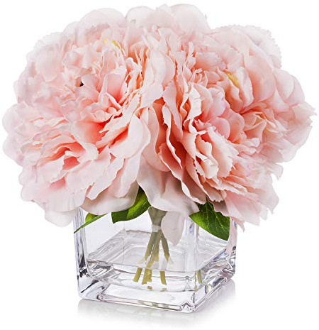 Enova Home Künstliche Pfingstrosen-Blumen, Arrangements in Würfelglasvase mit Kunstwasser für Zuhause, Tisch, Hochzeit, Tafelaufsatz, Dekoration (Rosa)
