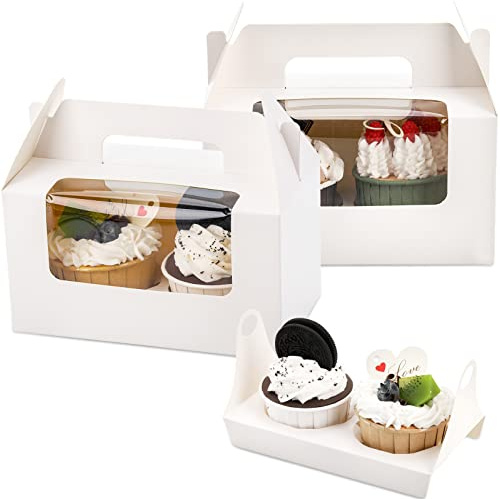 Jucoan 60 Pack White 2-Count Cupcake Boxes with Handle, Insert and Clear Window, Pastry Muffin Cookie Containers, Gable Bakery Gift Box for Wedding, Birthday, Baby Shower