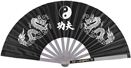 DEWIN Abanico Chino, Acero Inoxidable Tai Chi Artes Marciales Kung Fu Práctica de Baile Entrenamiento Abanico de Rendimiento (Negro)