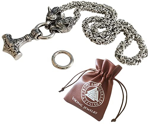 BBYOUTH Wikinger Herren Edelstahl Schmuck - Thor Hammer Anhänger mit Odin Wolf Königskette Pagan Amulett Gothic Halskette,Silber,32Inch