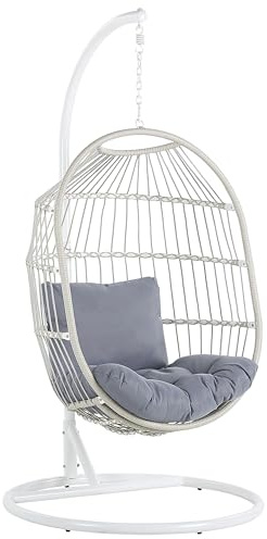 Poltrona Sospesa con Cesta in Corda di Poliestere Beige per Interno ed Esterno Boho