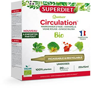 SUPERDIET-QUATUOR CIRCULATION BIO-Jambes légères-Marronnier d’inde,Hamamélis,Vigne rouge,Ginkgo biloba-Format nomade-20 Unidoses de 15 ml