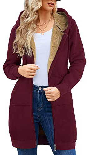 RITOSTA Damen Hoodie Fleecejacke Kapuzenjacke mit Zip Winterjacke Lang Sweatjacke Warme Plüschjacke Pullover Einfarbig Casual Mantel Winter Kapuzenpullover Mit Kapuze Reißverschluss