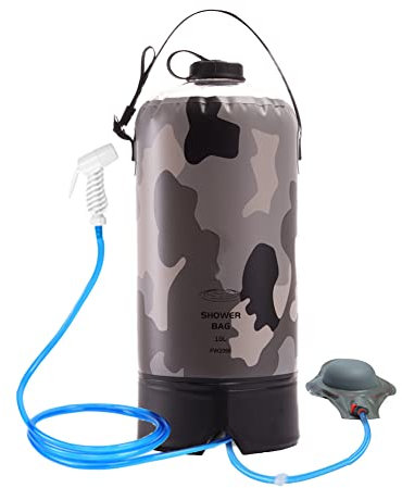 Solar Dusche Tasche, 10L Campingdusche Solardusche Gartendusche mit Pumpe und Handbrause, Camping Duschsack, Tragbare Solar Heizung Camping Dusche Tasche Set für Camping Wandern Strand Garten Grau
