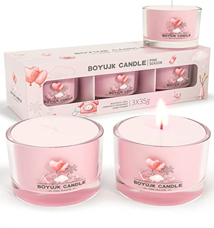 BOYUJK Scented Candles Gift Set for Anxiety | 3 Scented Filled Votive Candles | Relaxation Gifts for Women (Pink Season Collection)