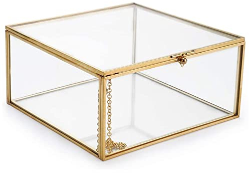 DRERIO Boîte Bijoux en Verre - 10 x 10 x 5 cm Boîte Décorative Vitrine Bagues Transparente Porte - Bibelots Rectangulaire Doré pour Boucles d'oreilles Bagues Collier