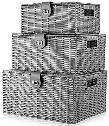 Unibos | Woven Wicker Hamper Basket | Comes with Lid & Lock | Decorative Storage Box | Resin Shelf Storage Baskets | for Organizing Toys, Clothes, Office etc | Insert Handles | Set of 3 | 𝗚𝗥𝗘𝗬