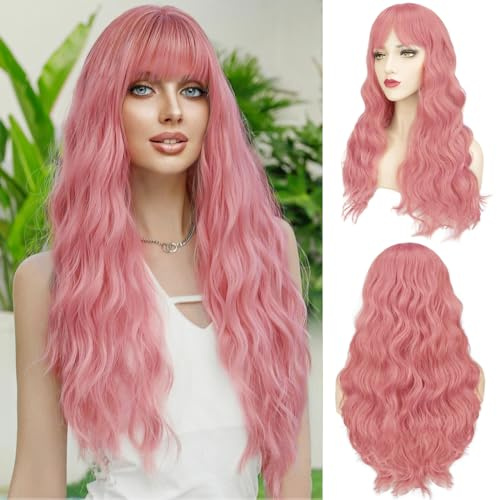 BARSDAR Lange Rosa Perücke mit Pony, 66cm Lange Gewellte Rosa Perücke mit Pony für Frauen Haar Replacement Synthetische Haar Perücken Natürliches Aussehen Täglich Cosplay Party Halloween