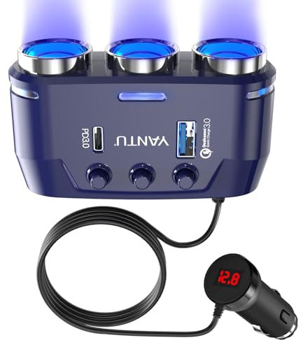 YANTU QC3.0 & PD cigarette lighter usb charger, 140W 3-Socket Cigarette Lighter adapter/Splitter with Blue Lights,12V usb socket with Double/Dual Plug/Port & Extension Lead for all Car Devices