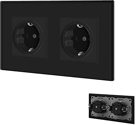 BSEED Schuko Steckdose 2 Fach Steckdose mit Steckklemme Kristall Glas Platte Einzel Steckdose 16Amp Einbausteckdose Unterputz Steckdose 157mm Schwarz Verlängerungssteckdosen Wandsteckdose