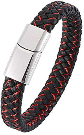 Ayoiow Männer Armband Indianer, Armband Metall Jungen Armbänder Herren Leder Schwarz und Rot Geflochten Armband