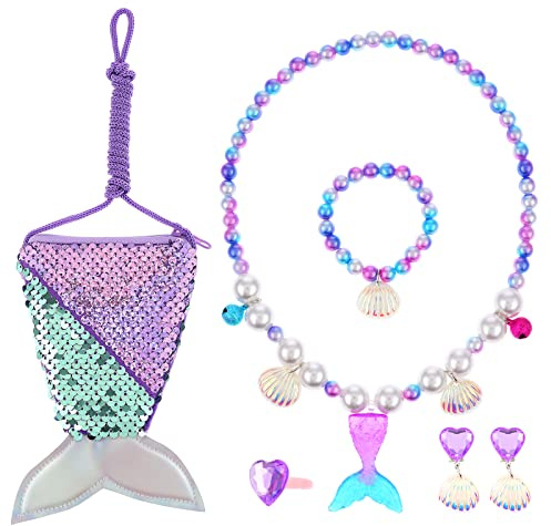 ASTER Meerjungfrau Schmuck Set für Mädchen - Meerjungfrau Pailletten Geldbörse, Halskette, Ringe, Ohrringe, Armbänder für Party & Geburtstag