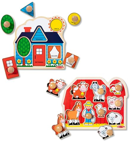 Melissa & Doug 50257 Animals Wooden Jumbo Peg Puzzle 2-Pack for Baby and Toddler Boys and Girls – Large Farm, First Shapes