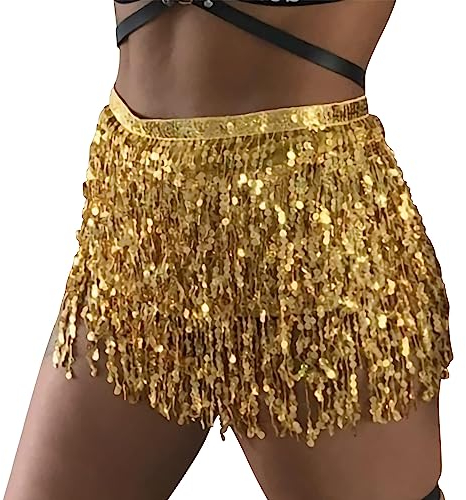 Durio Glitzer Fransen Pailletten Quasten Rock - Bauchtanz Kostüm Festival Damen Rave Kleidung Gold Einheitsgröße