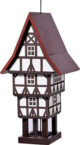 dobar® Design Fågelmatningshus sockerhatt för upphängning med stor fodersilo, väderbeständig – fågelhus i fackverksstil – 20 x 18 x 41 cm – vit/brun/röd