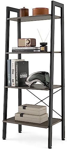 GOPLUS Bücherregal mit 4 Ebenen, Leiterregal mit Metallgestell, Standregal Aufbewahrungsregal Küchenregal für Büro, Wohnzimmer & Küche, 56 x 34 x 138 cm (Graue Eiche)