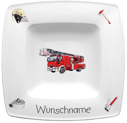 Doriantrade Suppenteller eckig 22cm Kinderteller Teller Porzellan Feuerwehr personalisierbar mit Wunschname Name Kindergeschirr mit Namen personalisiert