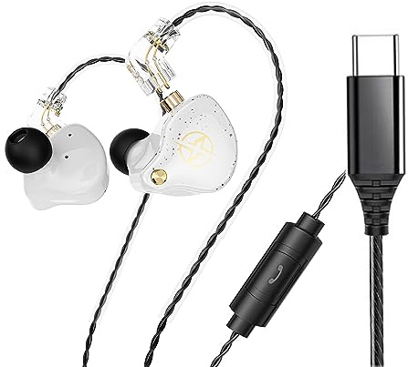 FEDAI DX2 i öronhörlurar, USB C-hörlurar, typ C-hörlurar, brusreducerande öronhörlurar för löpning/gym/träning, USB typ C-headset med mikrofon och 3-knapps fjärrkontroll (typ C, vit med mikrofon)