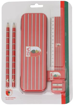 FC Augsburg FCA Schulset, bestehend aus Etui, 2 Bleistiften, einem Lineal, einem Radierer und einem Anspitzer