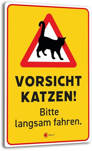 iSecur Vorsicht Katzen Aluverbund Warnschild 20 x 30 cm gelb - az144 | Vorsicht Katzen! Bitte langsam fahren, gelbes Warnschild für Autofahrer, 3 mm Aluverbund mit PE-Kern, wetterfest robust