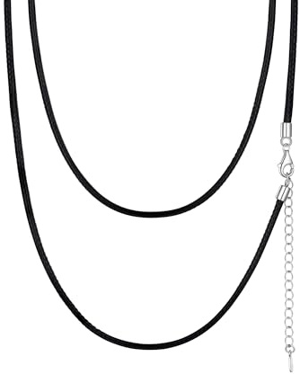PROSILVER schwarz Lederkette mit 925 Silber Verschluss Damen Herren Geflochten Kustleder Halskette 1mm/2mm dünne Anhänger Ersatzkette 41cm/46cm/51cm/55cm/61cm/66cm/71cm
