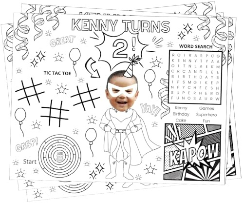 Personalized Comic Book Super Hero Themed Birthday Coloring Placemats, Kids Activity Paper Mats, Custom Superhero Party Decor, Action Packed Decorations, Childrens Superhero Table Settings, Cityscape
