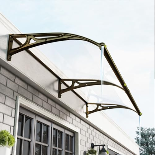Pultbogenvordach mit großem Waschbecken EingangstürTürdach Regenschutz aus Aluminium Champagner Ständer und Durchsichtig Polycarbonat Überdachung Markise für Garage Balkon Fenster Haus (150 x 520cm)