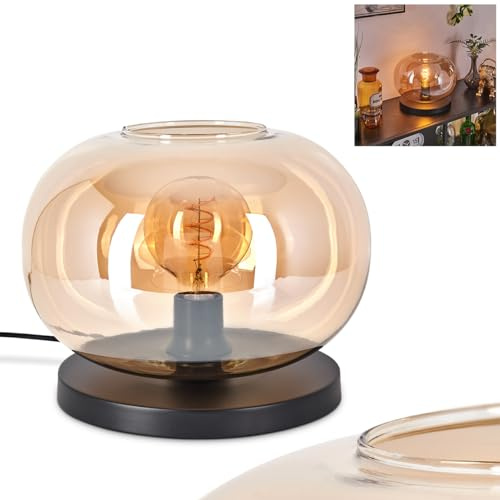Tischleuchte Apedo, Tischlampe aus Metall/Glas in Schwarz/Bernsteinfarben, Leuchte im modernen Retro/Vintage-Design mit Schirm aus Glas (Ø 30 cm) u. An/-Auschalter am Kabel, 1 x E27, ohne Leuchtmittel