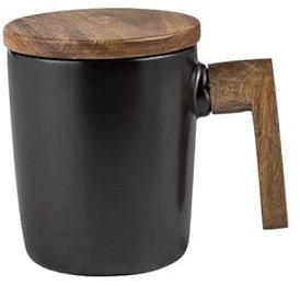 Tasse Kreative Büro Kaffeetasse Holzgriff mit Deckel Paar Tassen Retro langlebige Keramiktasse Kaffeetassen (Size : 301-400ml, Color : Black)