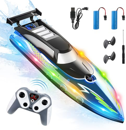 Ferngesteuertes Boot, 2.4 GHz wasserdichtes Hochgeschwindigkeitsboot mit 2 wiederaufladbaren Batterien LED Licht kabelloses elektrisches Schiff Rennboot für Kinder Erwachsene Kinder Außenpool (Blue)