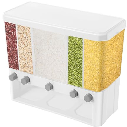 Wiefiche Dispensador de cereales de 5 rejillas, dispensador de alimentos secos, contenedor de cereales, dispensador de cereales para arroz negro, arroz amarillo, frijoles rojos, arroz