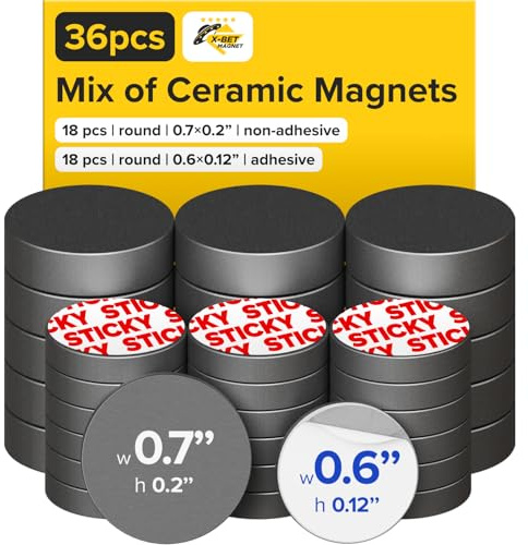 Ultra-Strong Ceramic Round Magnets with Adhesive Backing (2 Sizes Mix, 36 pcs) – Heavy Duty Sticky Magnets, Non-Corrosive, Versatile for Home, Office, Workshop, Whiteboard, Fridge and Hobby Use