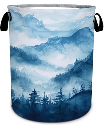 Blue Mountain Forest Laundry Basket, Foldable Waterproof Oxford Cloth Laundry Hamper Funny Tote Bag Dirty Clothes Storage Bucket Toy Organizer for Bathroom/Laundry/Bedroom 15.7x19.6