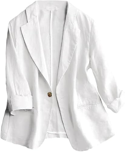 Mywinway Giacca da donna casual con maniche a 3/4, leggera, estiva, primaverile, in cotone e lino