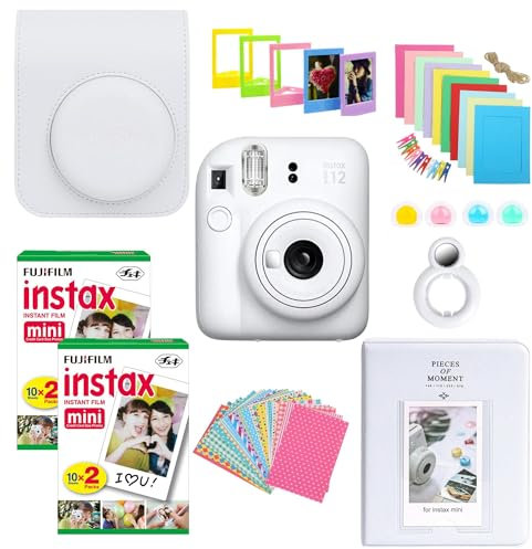 Clikoze Instant Camera Bundle with Fujifilm Mini 12 Clay White Camera, Fujifilm 40 Shot Mini Film, Clikoze Mini 12 Case, Mini Album Book, Film Stickers, Colour Filters and Accessories