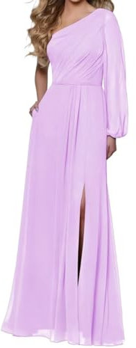 Vestido de dama de honor de princesa con un hombro descubierto, vestido de gasa de manga larga, vestido formal de fiesta de noche, Lila, 52 Más