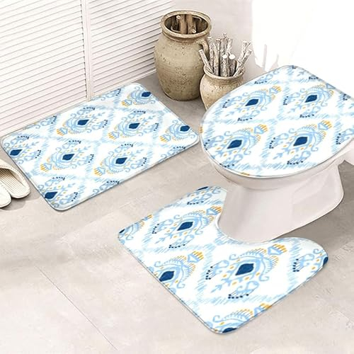 Bad Teppiche Set 3-Teiliges Blau Gelb Retro WC Vorleger Mit Ausschnitt Badematte Saugfähig WC Deckelbezug Badvorleger rutschfest Waschbar Toilettensitzbezug Badgarnitur (50x80cm)