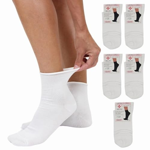 LEON D'ORO Calze Donna Sanitarie caldo cotone 5/6 PAIA, Calzino Senza Elastico Per Diabetici, 100% Made in Italy (IT, Numero, 35, 41, Regular, Regular, 5 Paia Bianco)