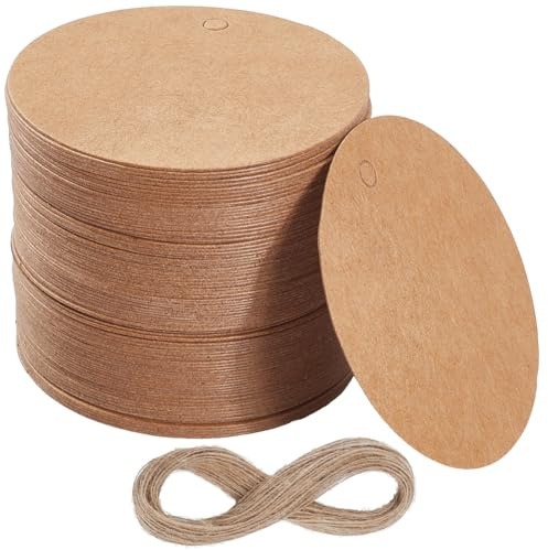 SOFPLATE 200 Stück Runde Anhänger Aus Kraftpapier Namensschilder Aus Bastelpapier Mit 20 m Jutekordel Flach Rund Kreisförmig Blanko BurlyWood Preisschilder Zum Aufhängen Zum Verpacken Sammeln Beschrif