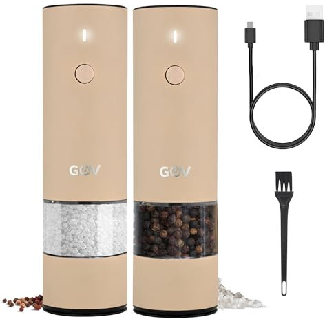 GOV Salz und Pfeffermühle Elektrisch 2er Set - USB-C Wiederaufladbar - 45 ml Beige Edition - Stilvolles Edelstahldesign
