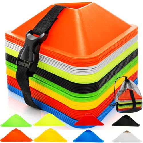 Tlence 48 Pack Triangle Soccer Cones, Flexible Agility Cones with Carry Bag and Strap, Sports Drill Cones for Training, Plastic Traffic Marker Cones for Football Basketball Coaching, 8 Colors